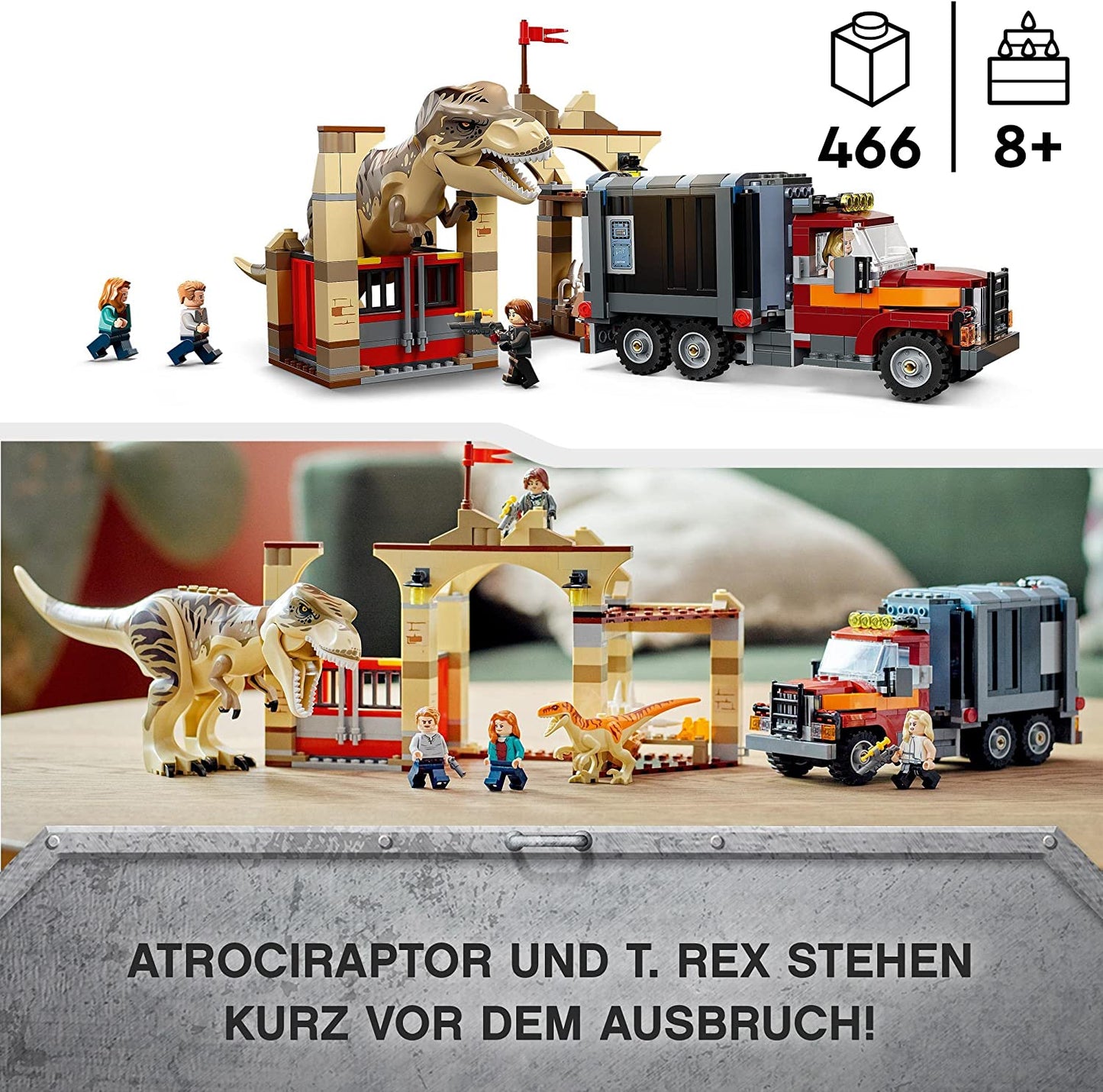 76948 Jurassic World T. Rex & Atrociraptor: Dinosaurier-Ausbruch, Konstruktionsspielzeug