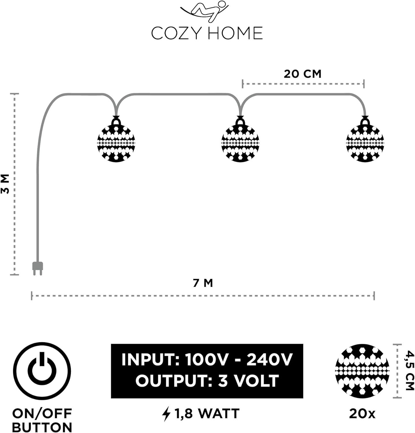 Marokkanische Lichterkette, Stecker - 20 LEDs - 7 Meter