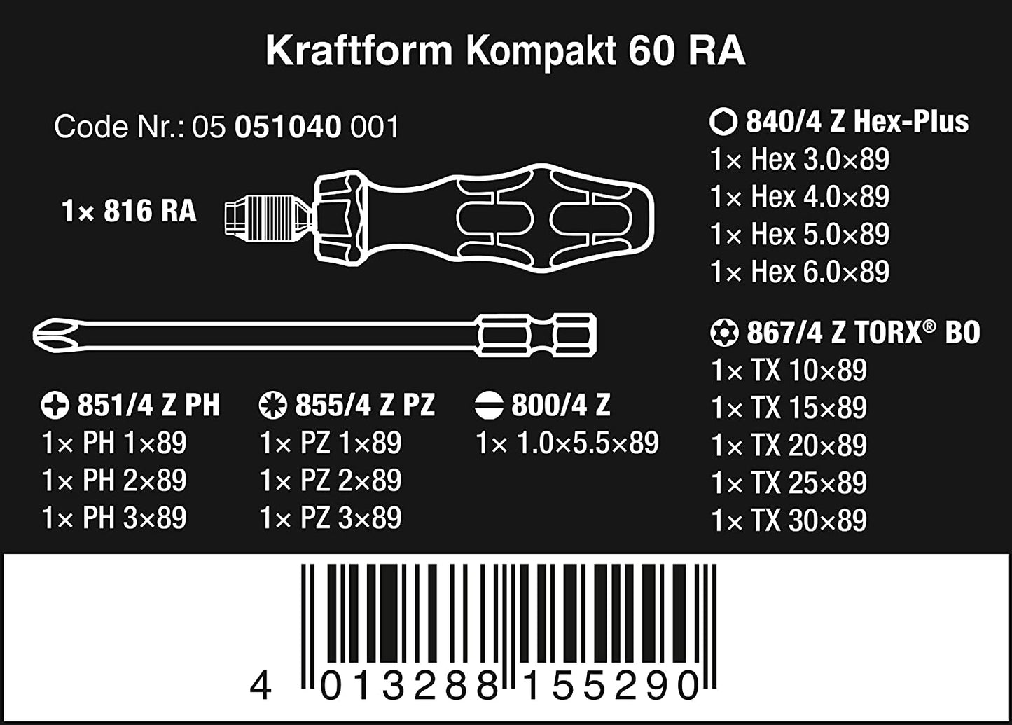 Kraftform Kompakt 60 RA, Bit-Satz 1/4", 17-teilig