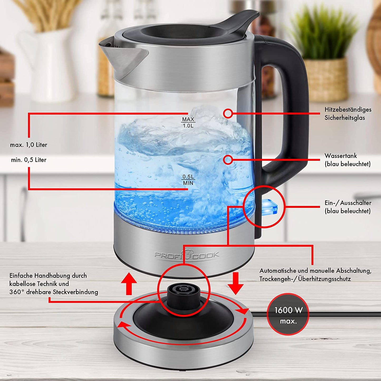 Glas-Wasserkocher PC-WKS 1229 G, 1 Liter