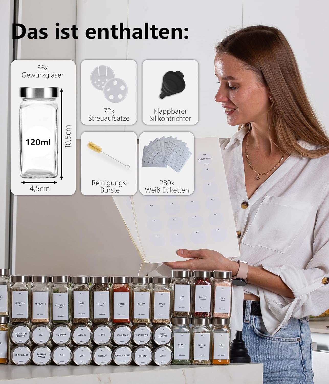 Gewürzgläser-Set mit Schraubkappe, 36 Stk., Deckel Edelstahl, Weiss