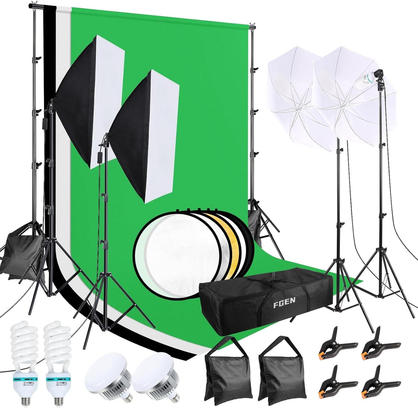 Fotostudio-Set, 31-teilig, Schwarz/Grün/Weiß