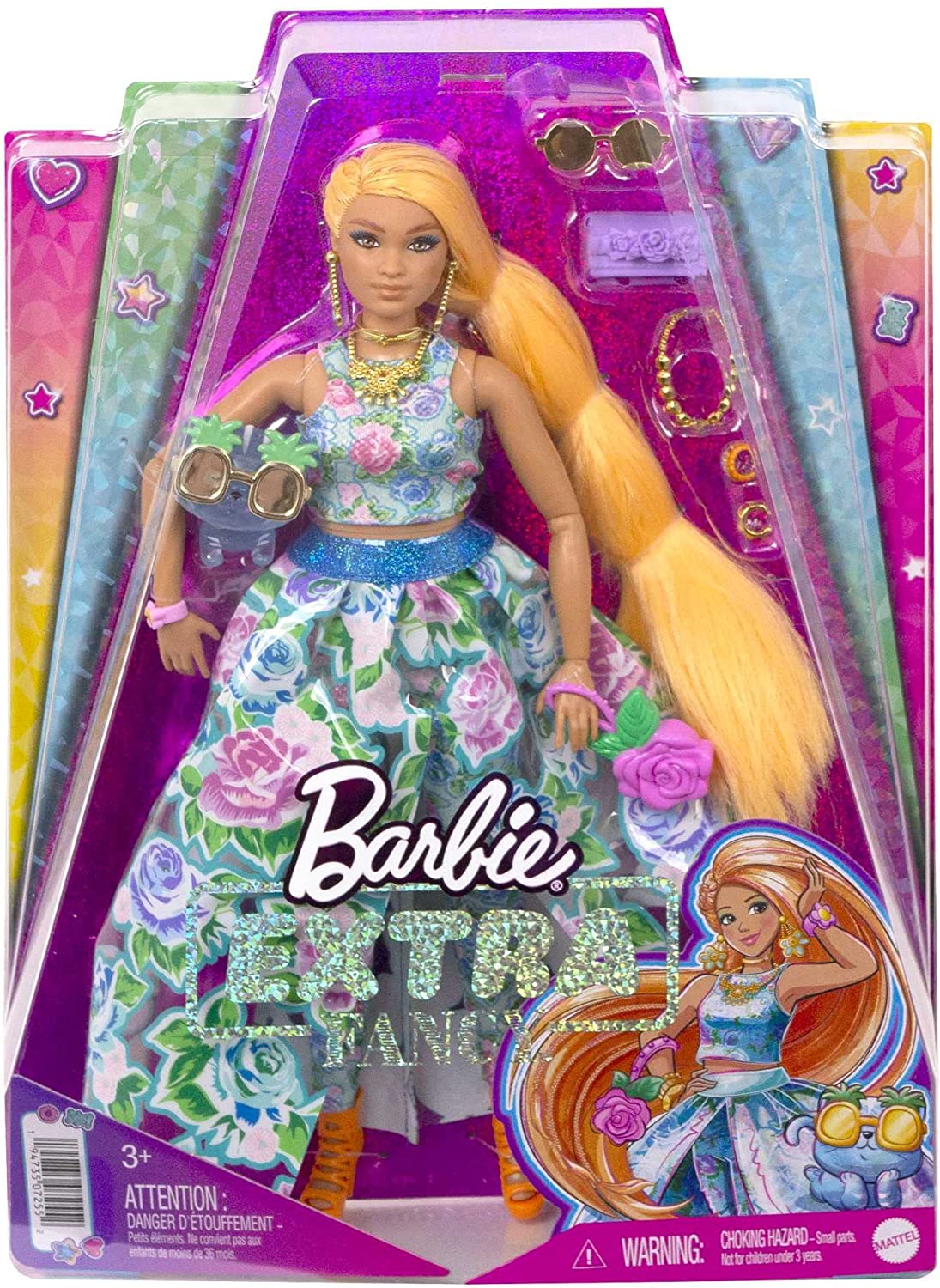 Barbie Extra Fancy Puppe im blauen Kleid mit Blumenmuster