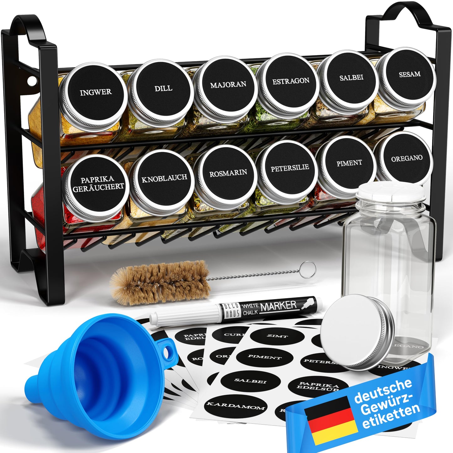 Gewürzregal mit Gewürzgläsern, 12 Set - Schwarz, Deckel Alu