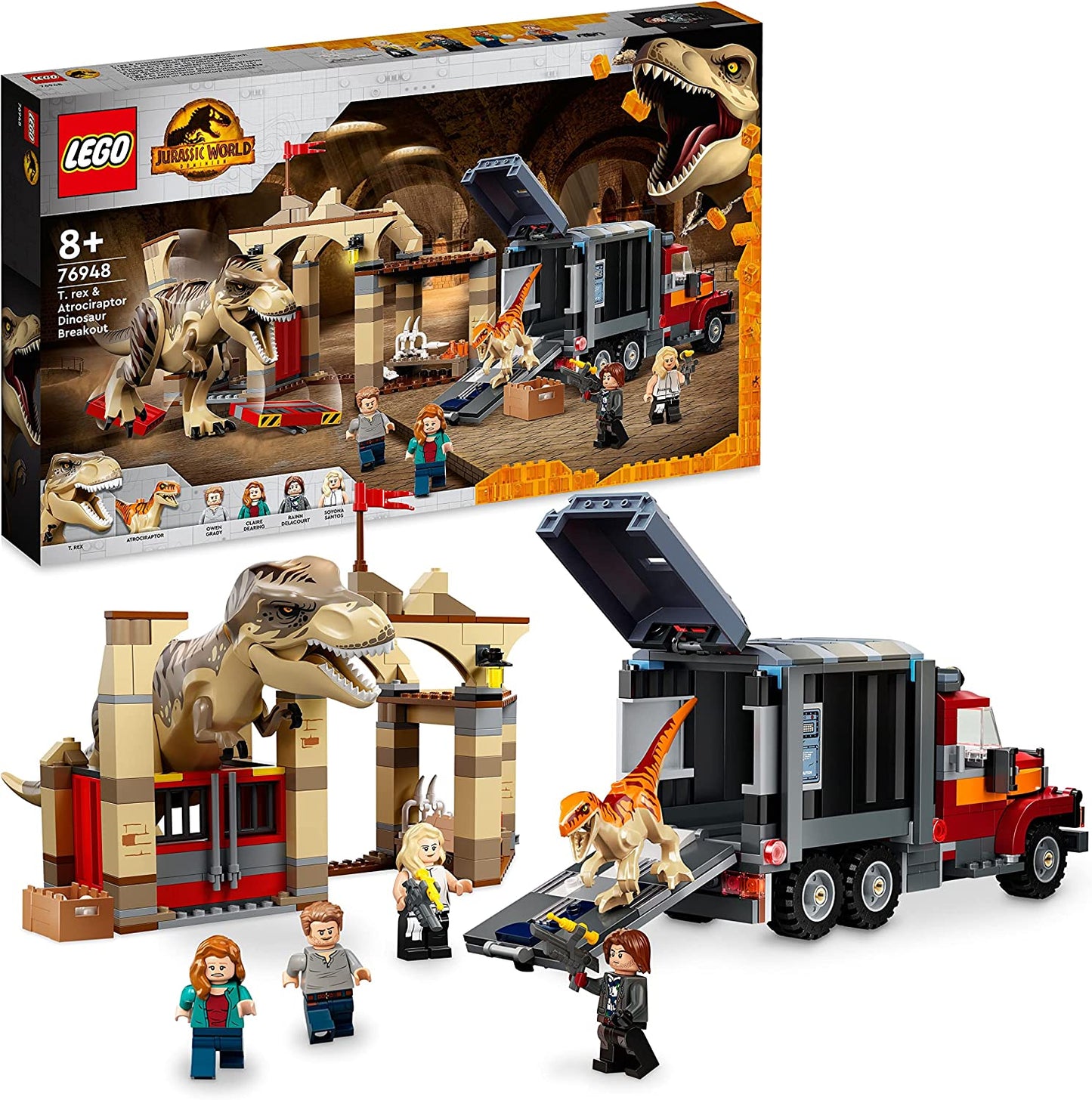 76948 Jurassic World T. Rex & Atrociraptor: Dinosaurier-Ausbruch, Konstruktionsspielzeug
