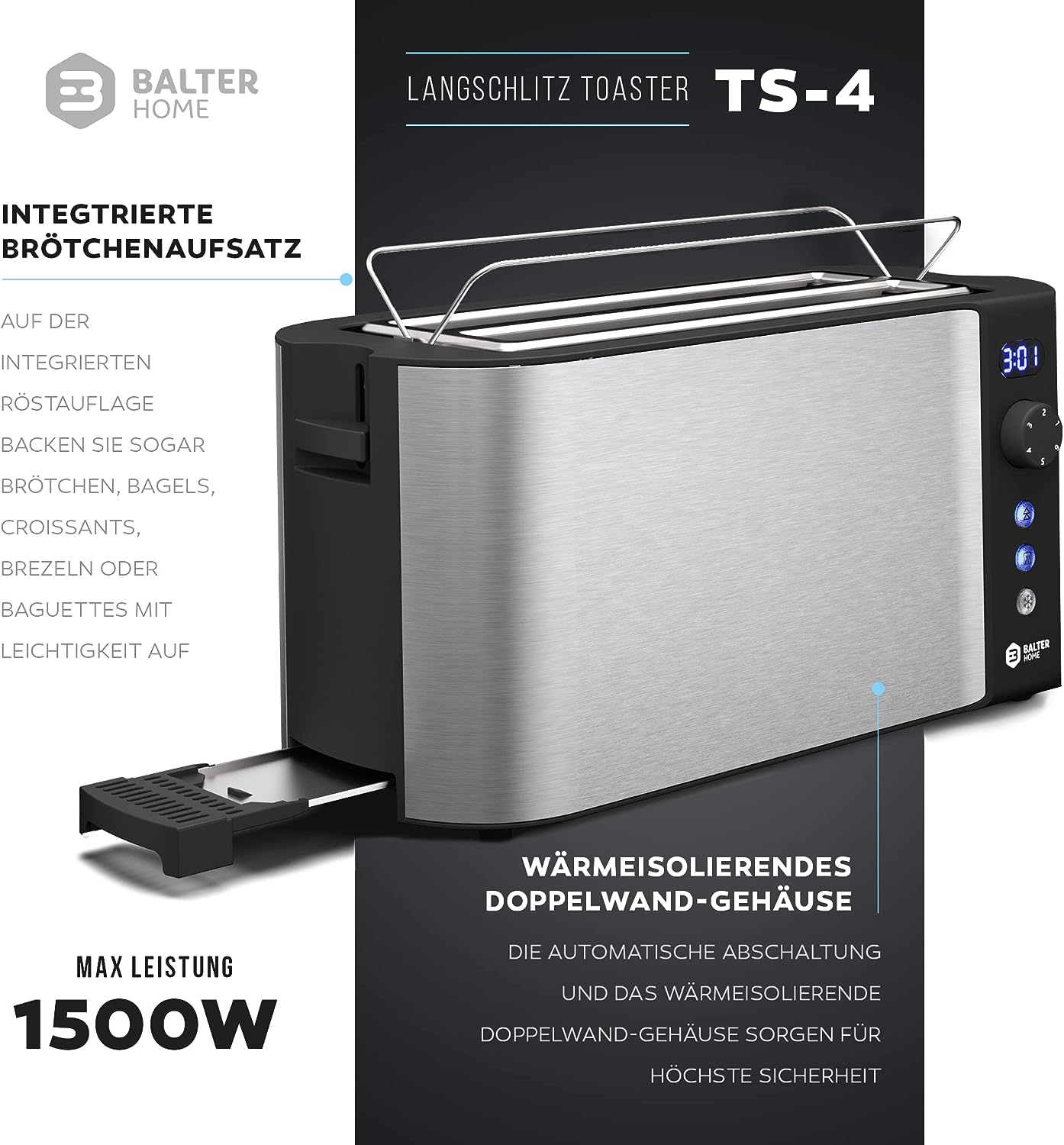 4-Scheiben-Langschlitz-Toaster, Farbe: Silber
