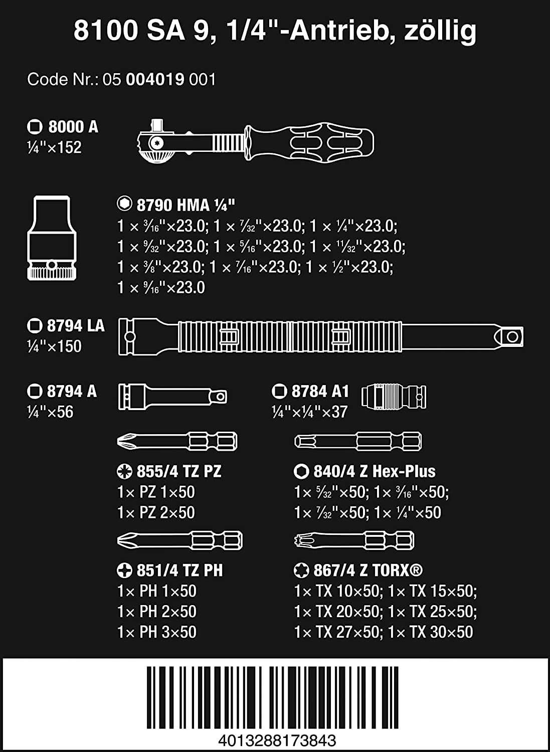 8100 SA 9 Zyklop Speed-Knarrensatz, zöllig, 1/4", Werkzeug-Set