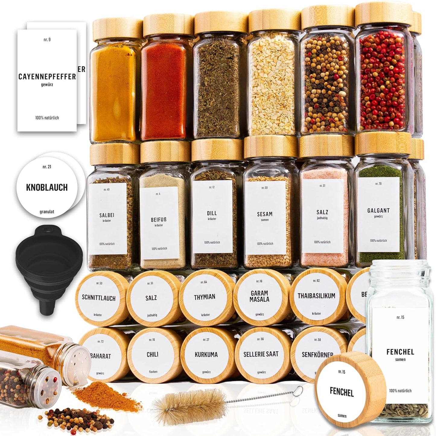 Gewürzgläser-Set mit Schraubkappe, 36 Stk., Holzdeckel, Weiss