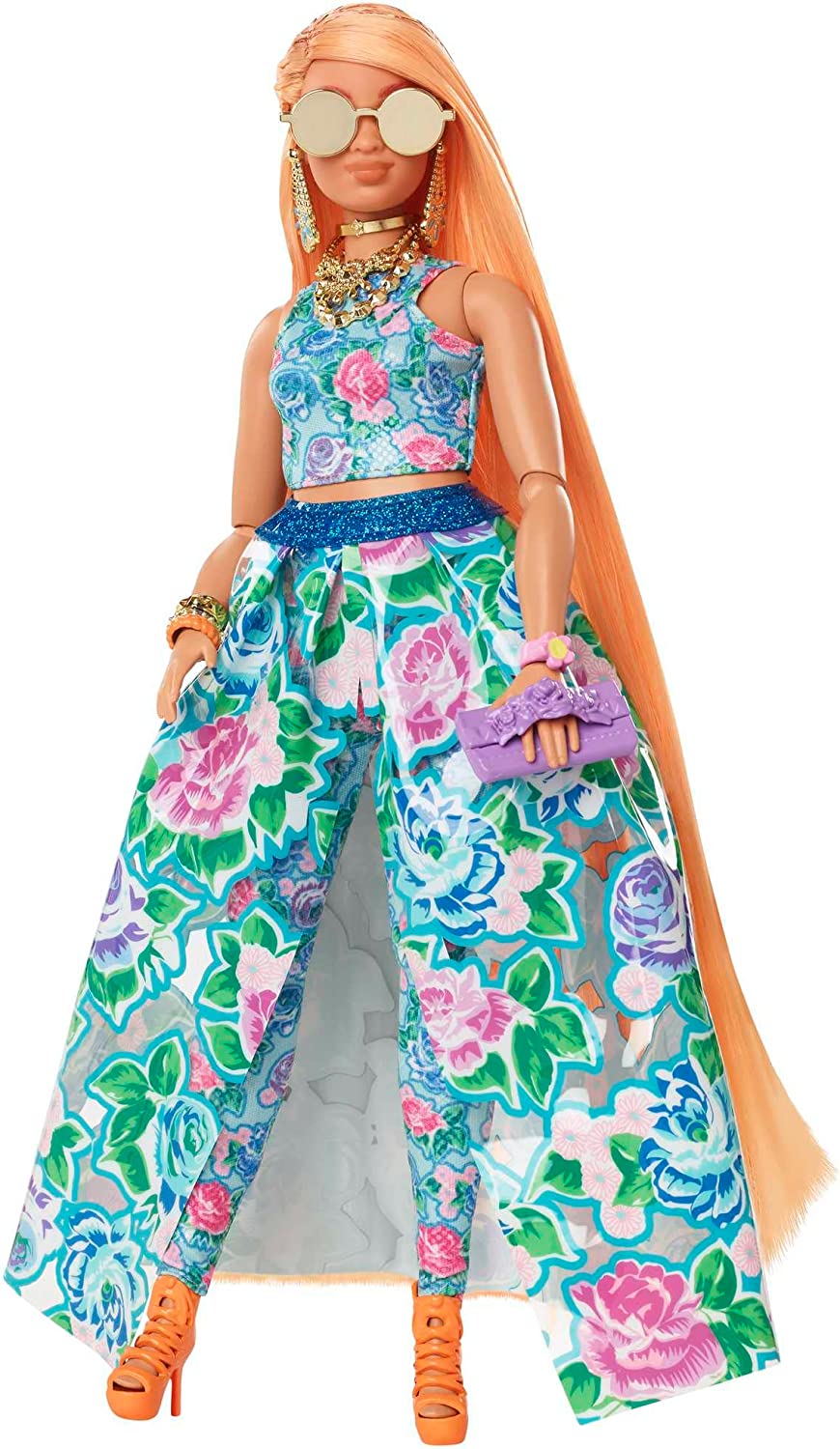 Barbie Extra Fancy Puppe im blauen Kleid mit Blumenmuster