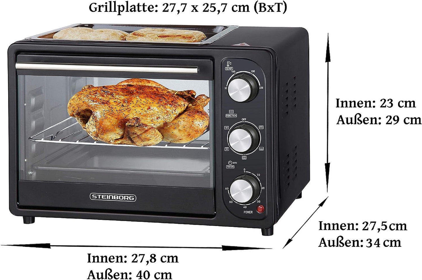 3 in 1 Mini Backofen, 20 Liter inkl. Grillplatte