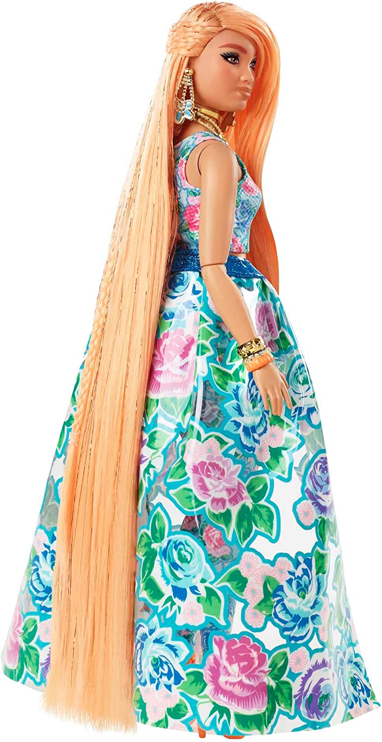 Barbie Extra Fancy Puppe im blauen Kleid mit Blumenmuster