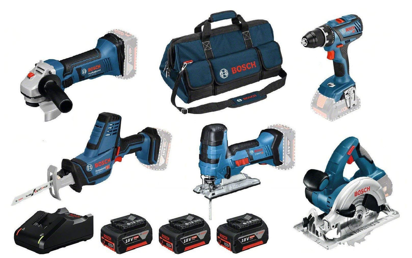 Kombi-Set GSR 18V-28 + GST 18V-LI S + GWS 18-125V-LI + GKS 18 V-LI + GSA 18 V-LI C, Säge