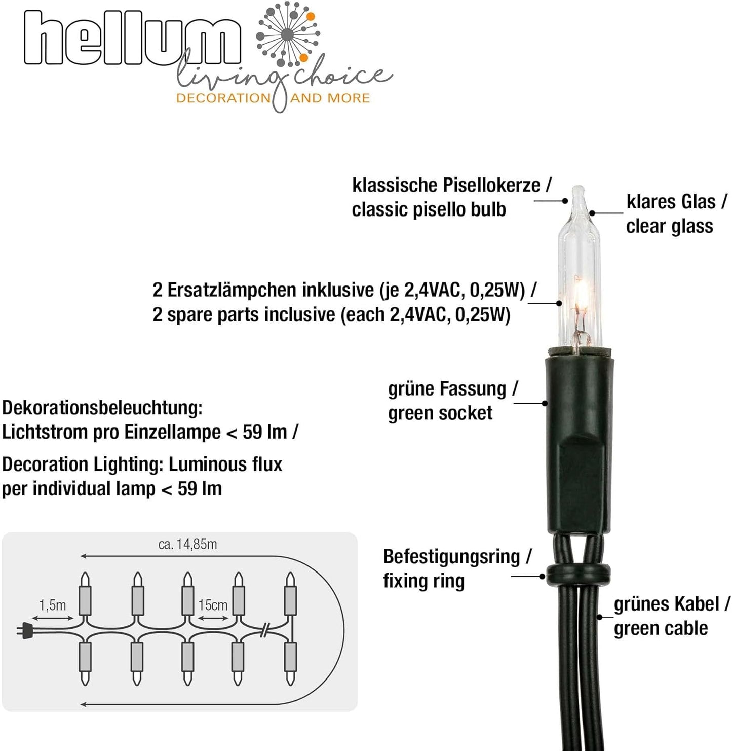Pisello Mini 839012, Warmweiss / Schaft Grün / 100 Lichter / beleuchtet 1485 cm