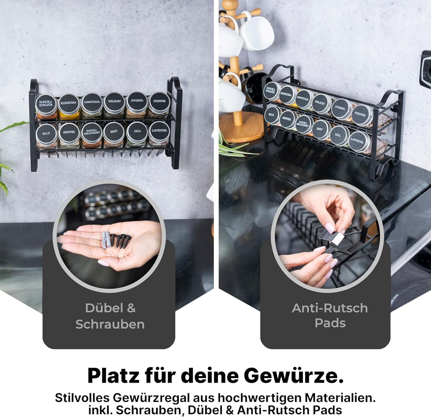 Gewürzregal mit Gewürzgläsern, 12 Set - Schwarz, Deckel Alu