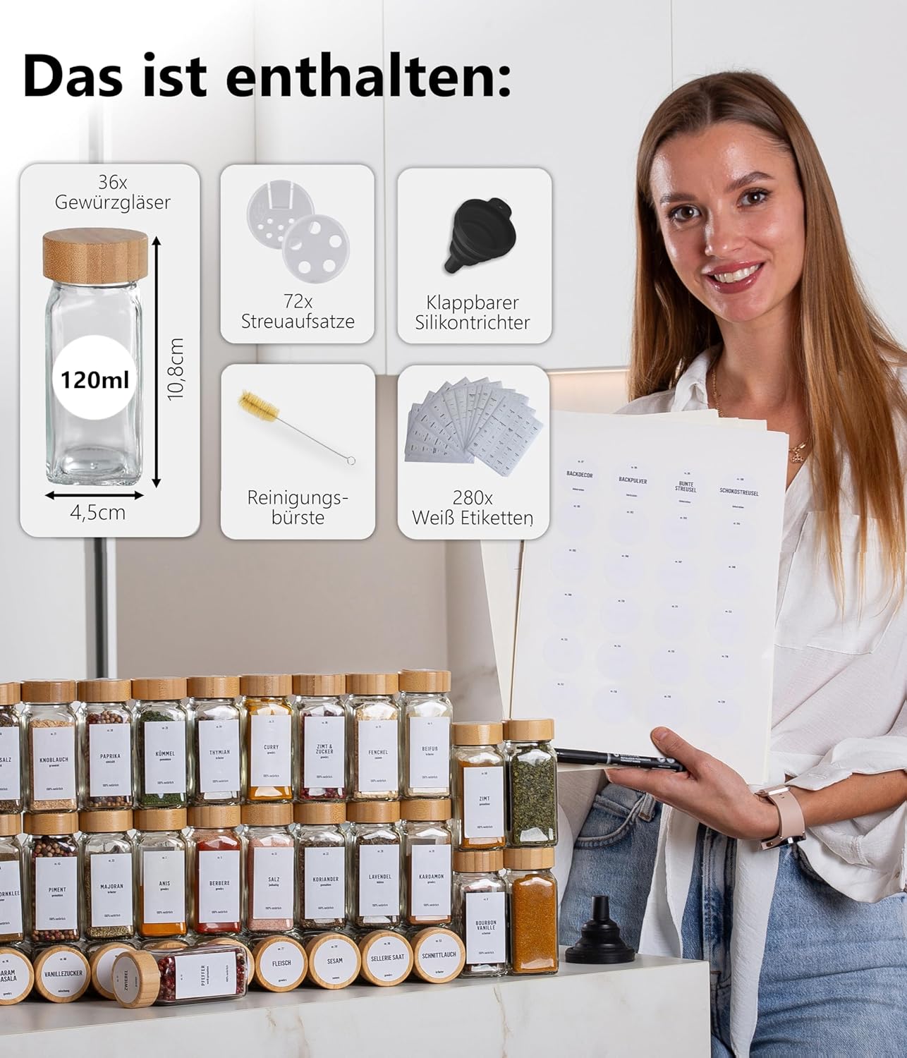 Gewürzgläser-Set mit Schraubkappe, 36 Stk., Holzdeckel, Weiss