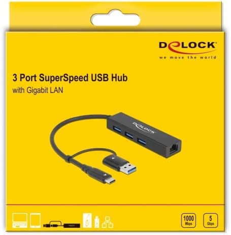 USB 3.2 Gen 1 Hub mit 3 Ports und Gigabit LAN und USB-C/A-Stecker, Dockingstation