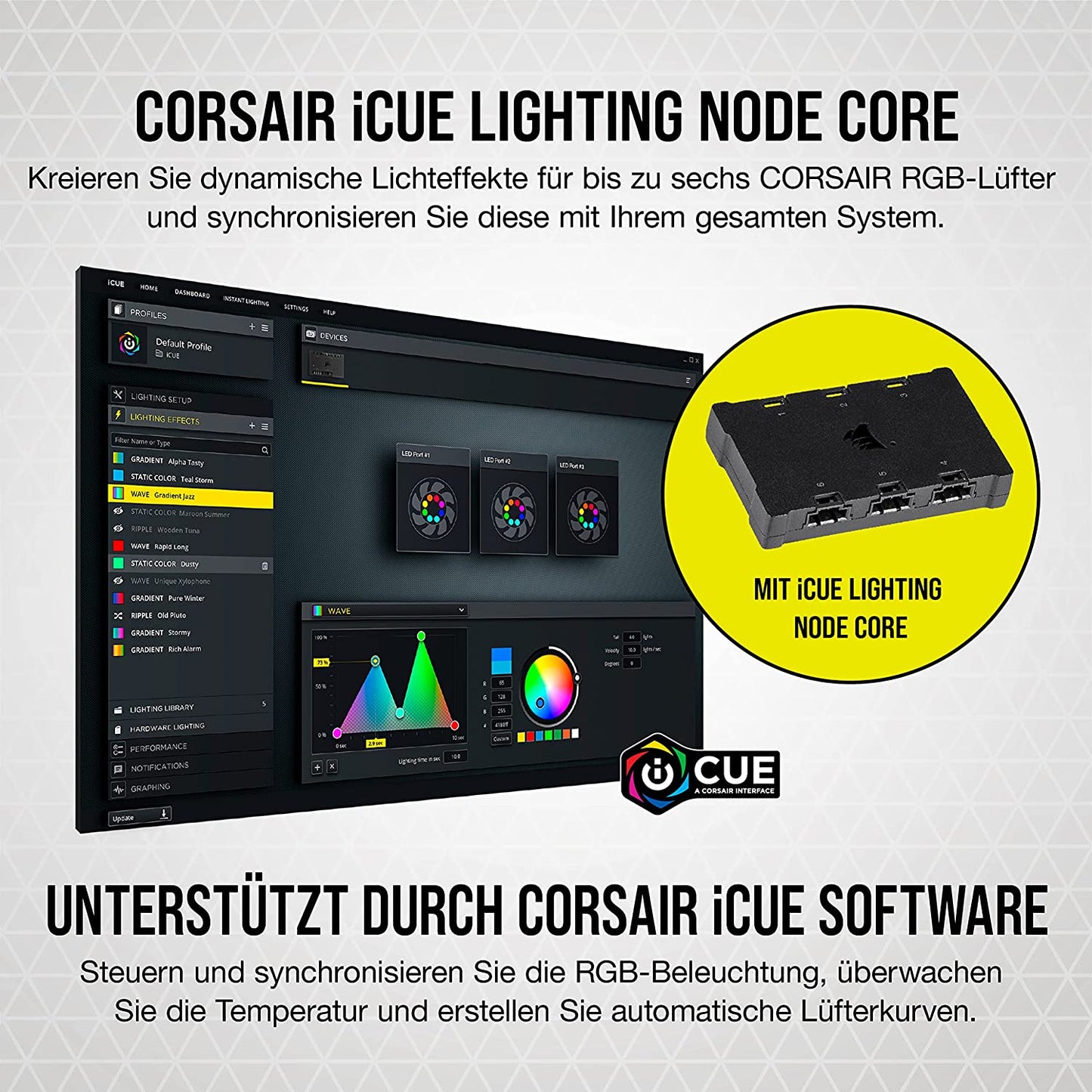 iCUE SP120 RGB E ELITE Performance 3x 120x120x25, Gehäuselüfter, 3-Pack mit Lighting Node CORE