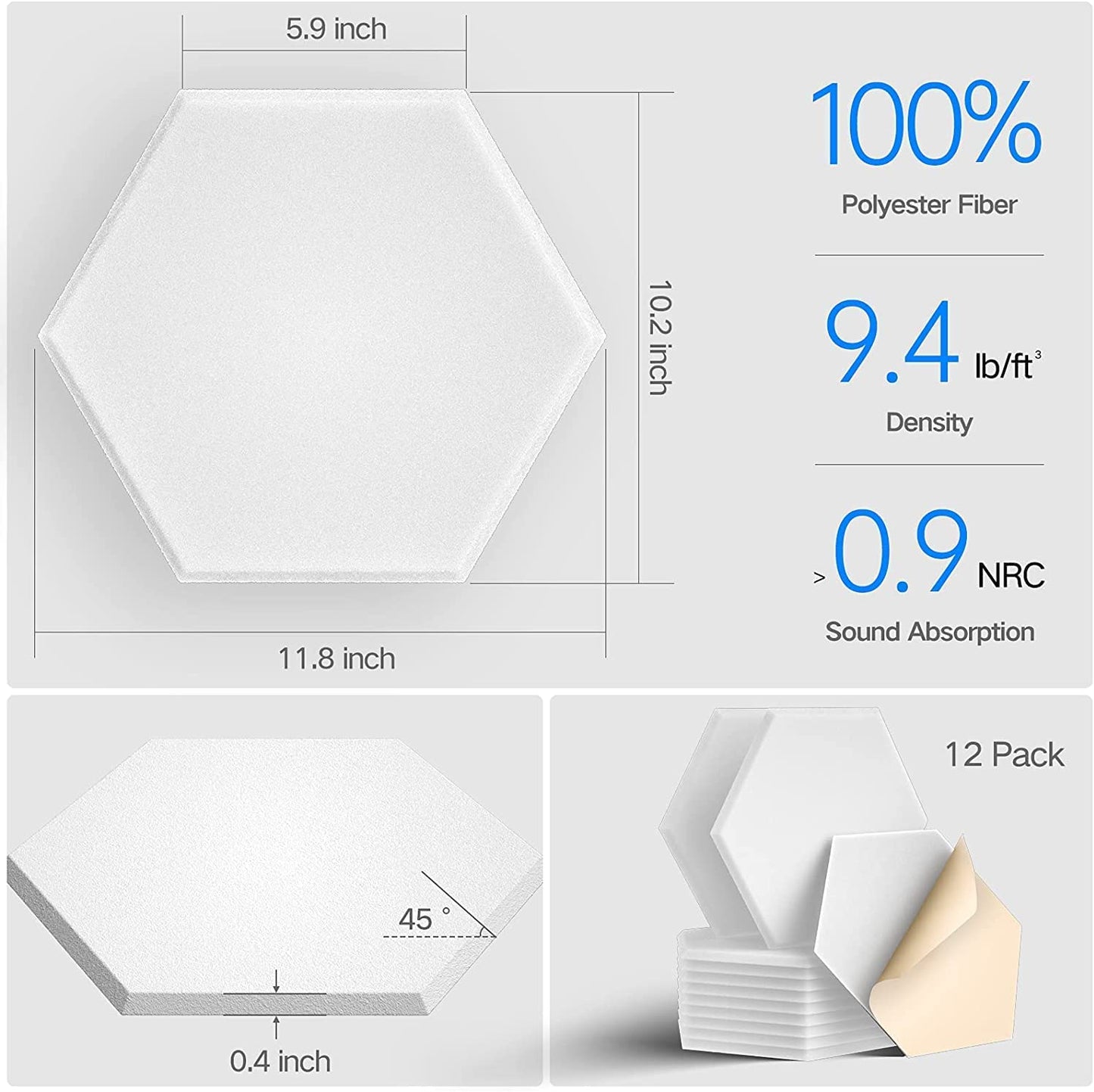 Hexagon Akustikplatten, 12 Stück weiss, Weiss