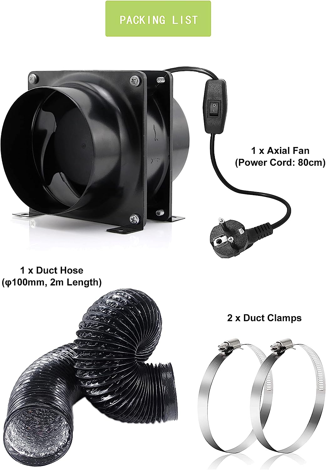 Rohrventilator, Schwarzes 100mm Axiallüfter Kit (mit Kanalschlauch, Schellen)