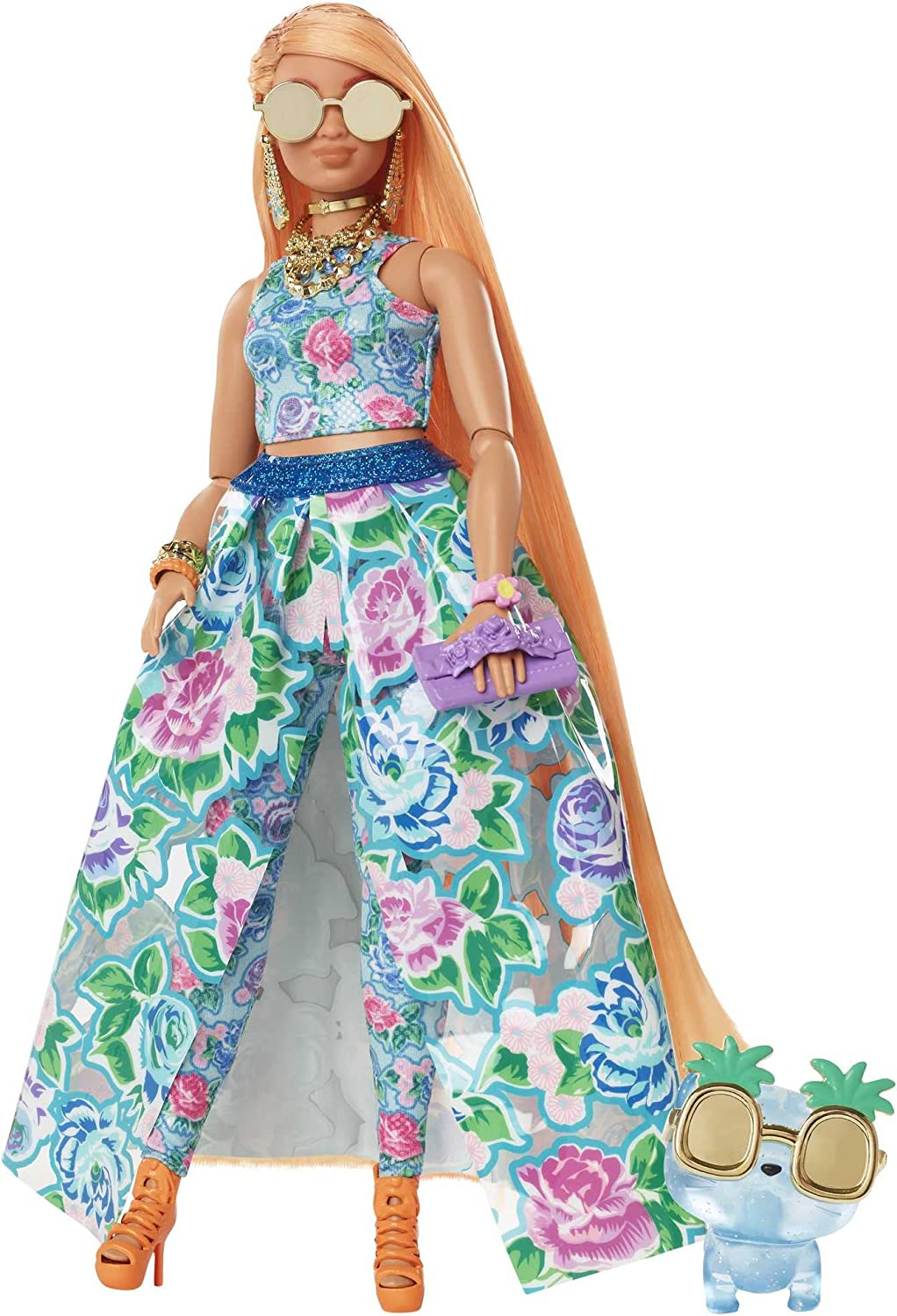 Barbie Extra Fancy Puppe im blauen Kleid mit Blumenmuster