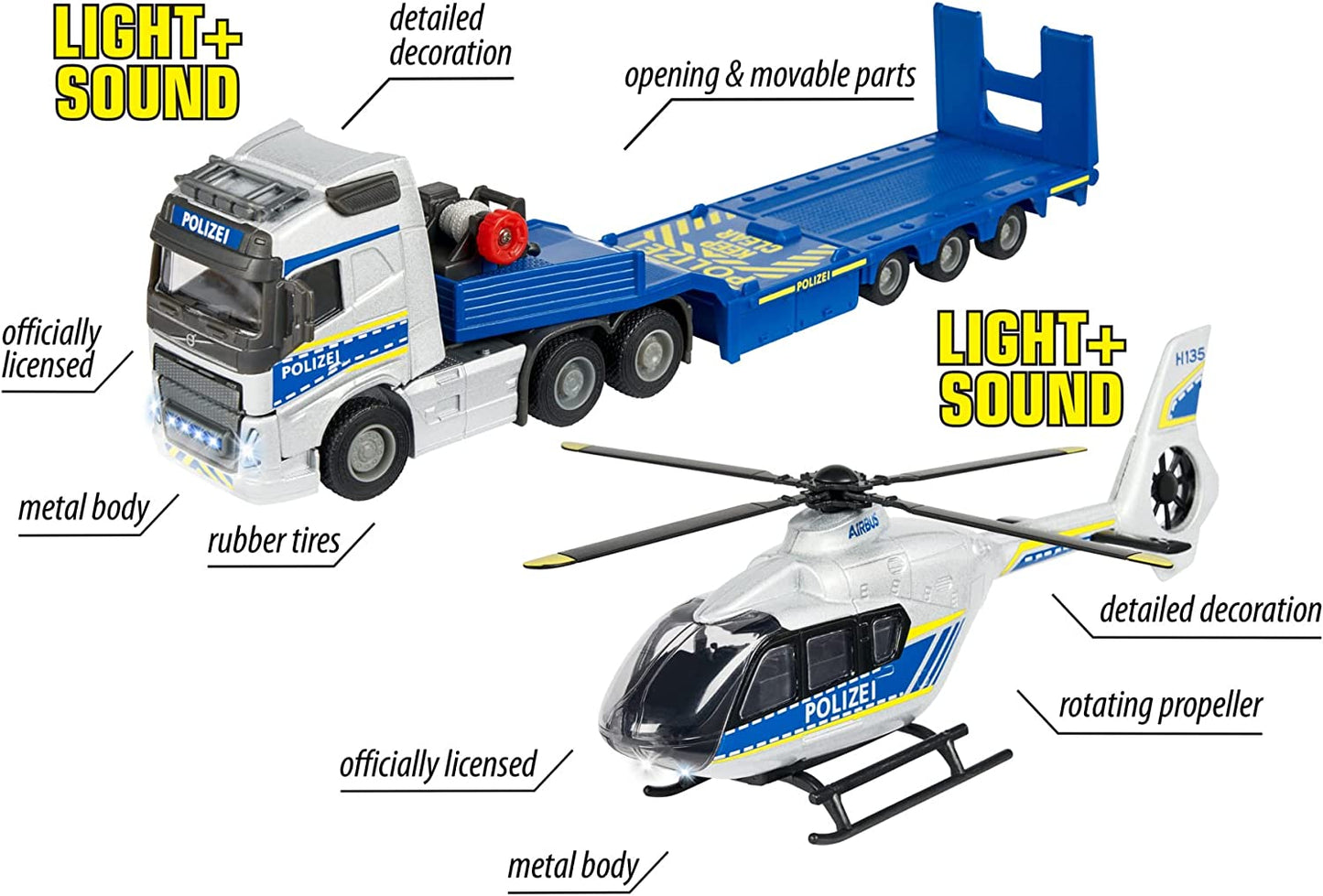 Volvo Polizei-Transporter FH-16 LKW mit Auflieger und Airbus Hubschrauber, Spielfahrzeug